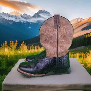 ✅Dan Post Black/ Brown Leather Square Toe Western Cowboy Boots Youth 4D Pull-On